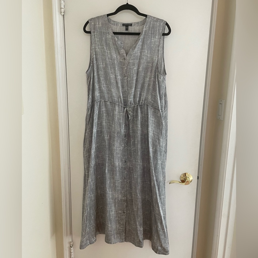 Luminous Eileen Fisher Silk/cotton blend grey button-front midi dress. NWOT.